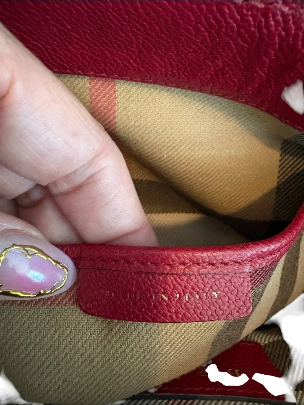 Burberry Red Leather Satchel with Gold Buckle and Check Strap